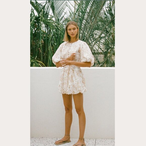 NWT! Sabo Luxe Aura Linen Above Elbow Sleeve Bubble Tulip Mini Dress, S - Picture 1 of 14